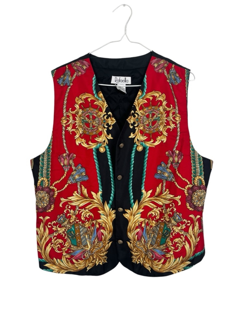 Vintage Rafaella Silk Baroque Chain Nautical Print Button Front Vest Size Large